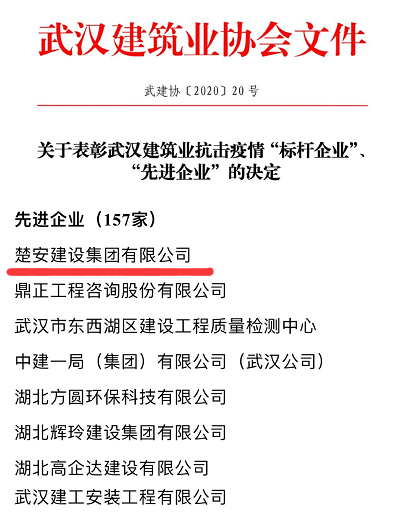喜讯!楚安集团获评武汉建筑业抗击疫情“先进企业”