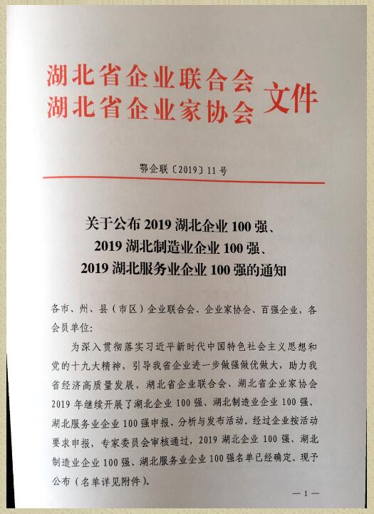 喜讯!楚安建设集团有限公司连续5年荣获“湖北企业100强”称号